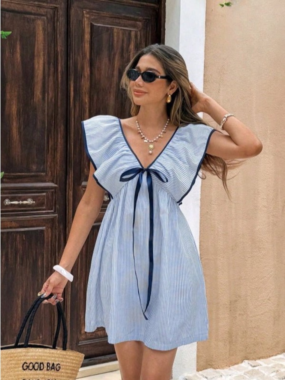 Blue & White Striped Ruffle Tie-Front Mini Dress